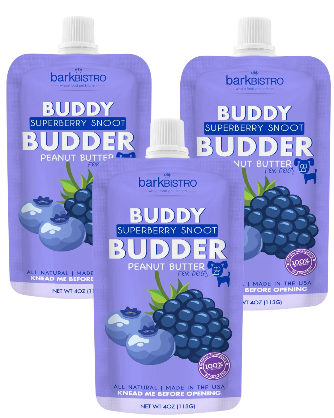 Bark Bistro Superberry Snoot Buddy Budder 4 oz squeeze pack 100%All Natural Dog Peanut Butter