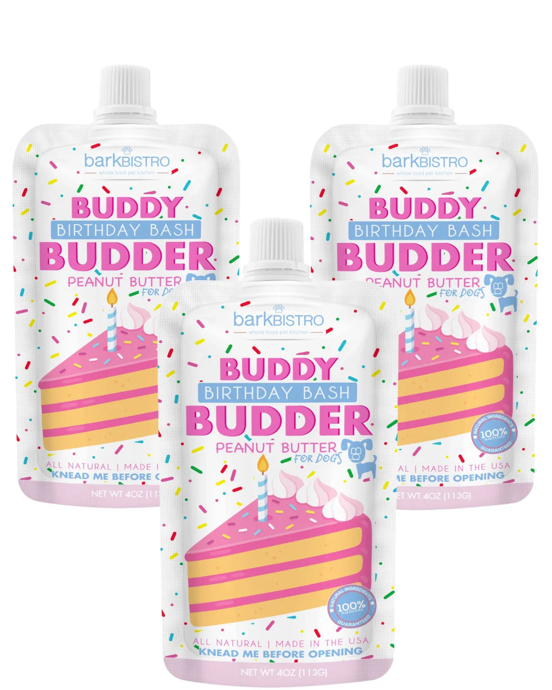 Bark Bistro Birthday Bash Buddy Budder - 4oz Squeeze Pack - 100% All Natural Dog Peanut Butter
