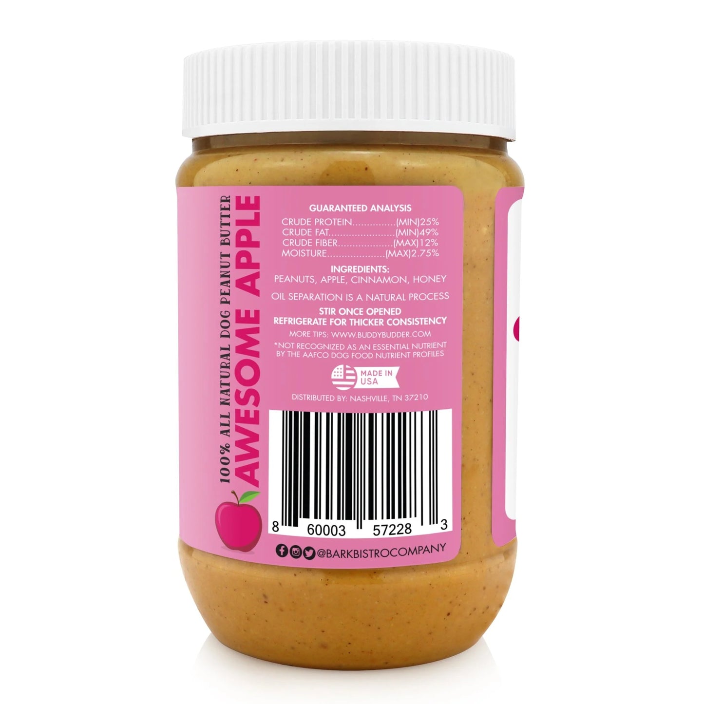 Bark Bistro Buddy Budder Awesome Apple - 100% Natural Dog Peanut Butter 17 oz