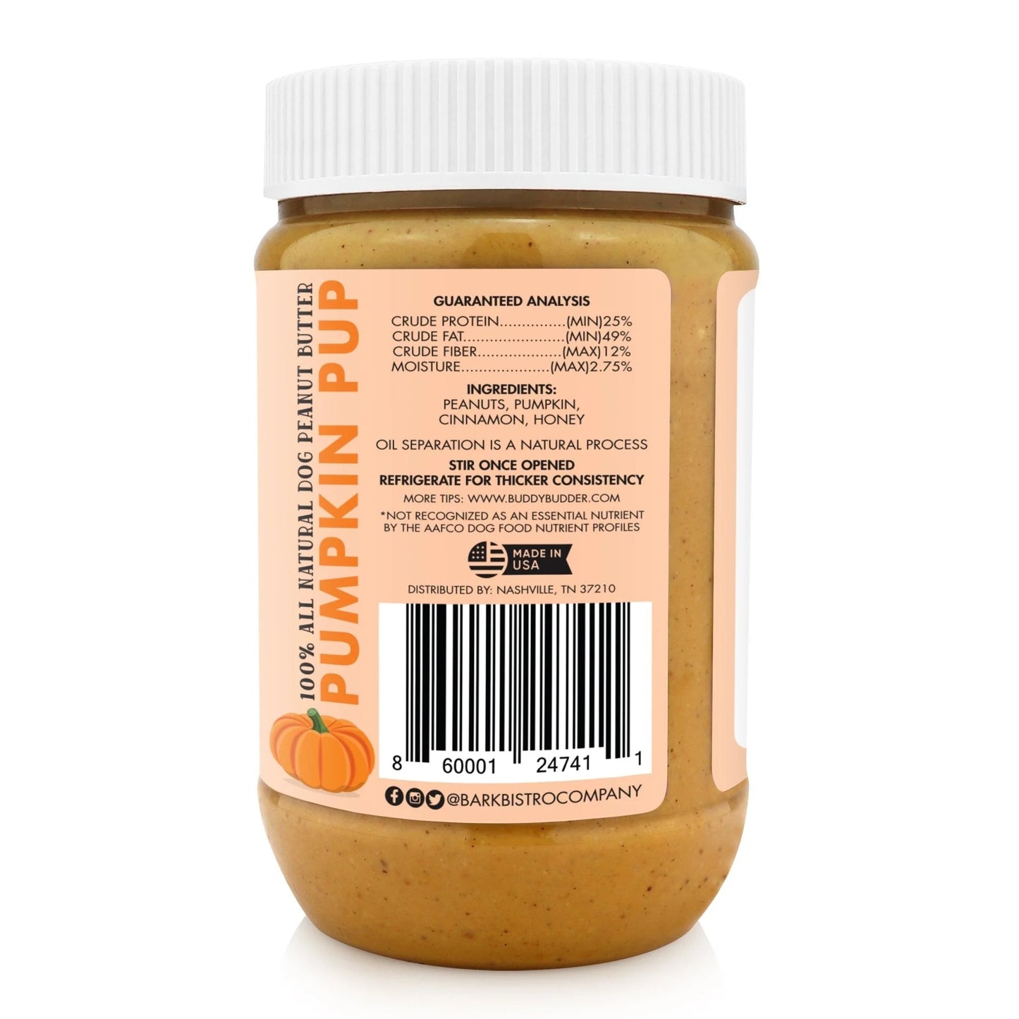 Bark Bistro Buddy Budder Pumpkin Pup 17oz - 100% Natural Dog Peanut Butter