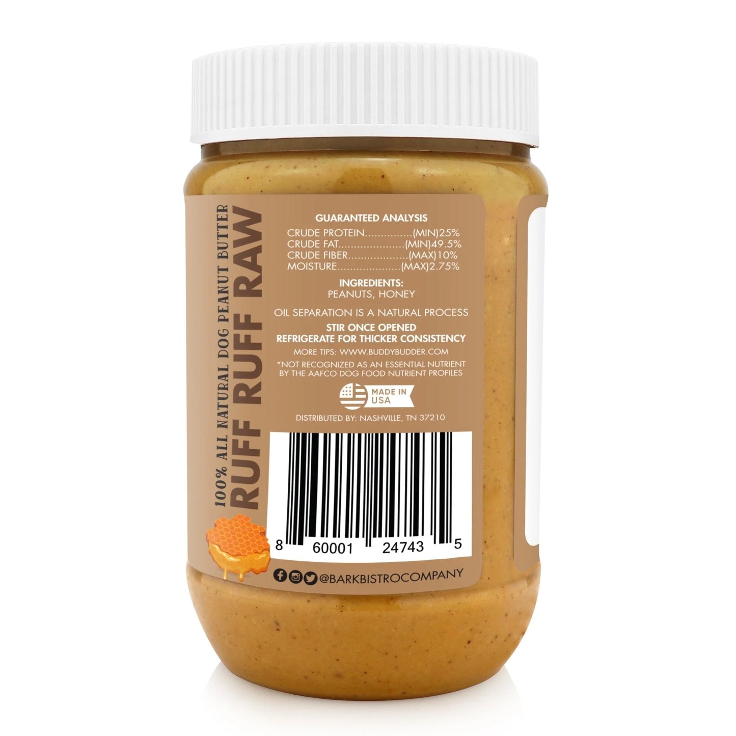 Bark Bistro Buddy Budder Ruff Ruff Raw 17oz - 100% Natural Dog Peanut Butter